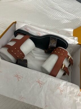 Louis Vuitton Brown & Black Monogram Leather Slide Sandals